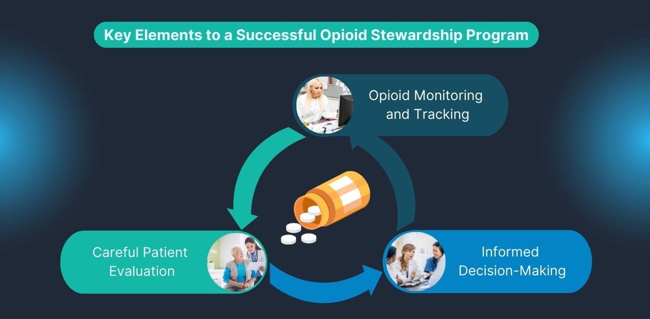 An infographic highlighting the key elements common in opioid stewardship programs that successfully combat the opioid crisis.